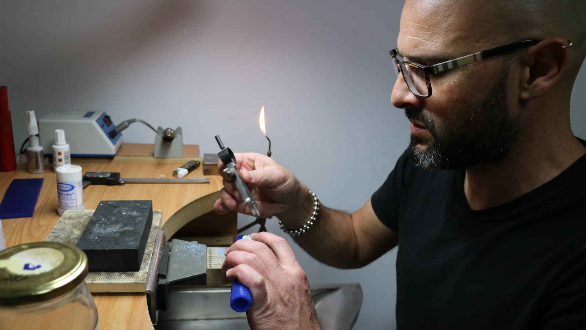 Sharon Layani at the bench in his Jerusalem studio